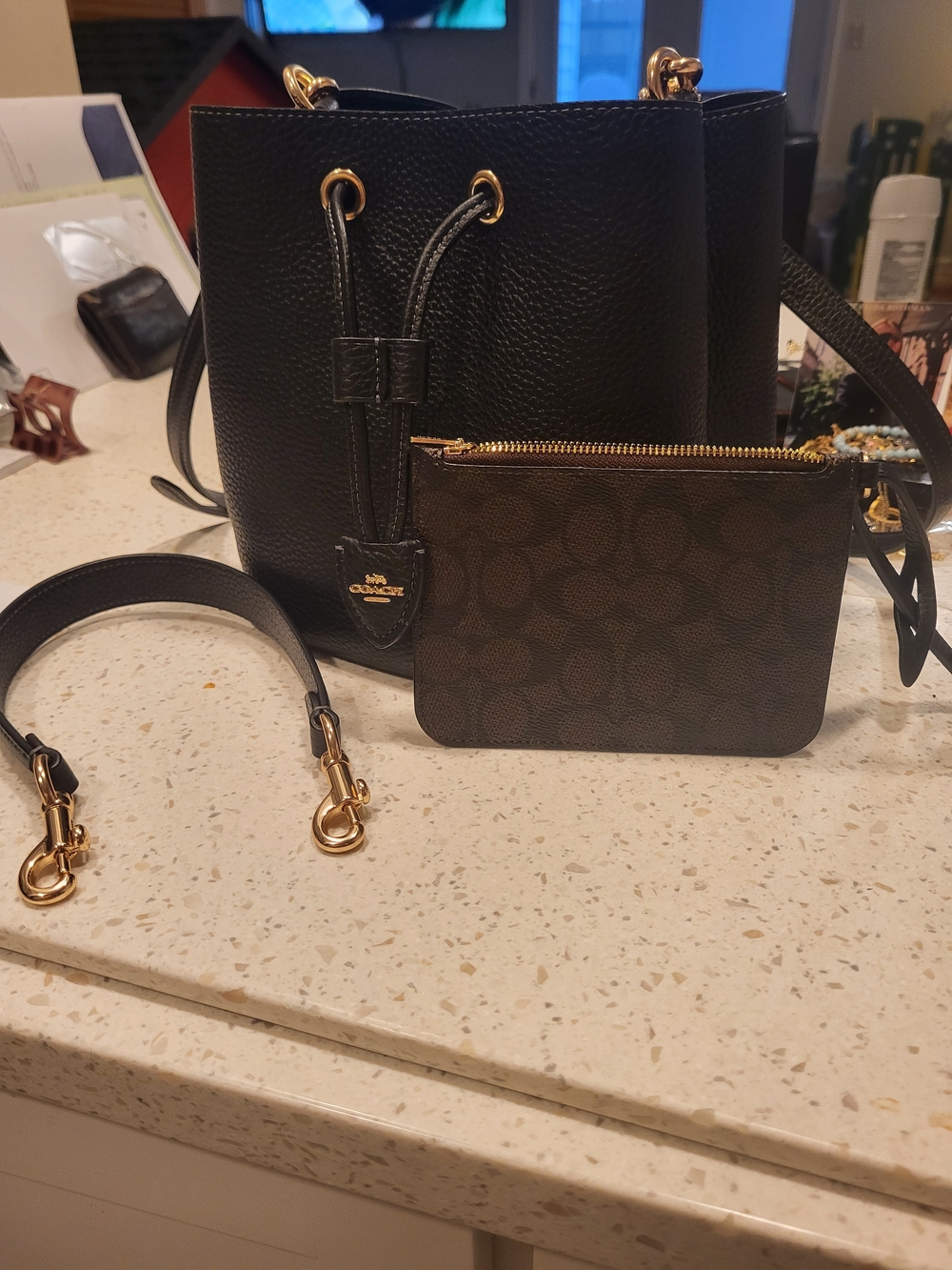 Coach Black Pebbled Leather Drawstring Bucket Bag with Signature Pouch